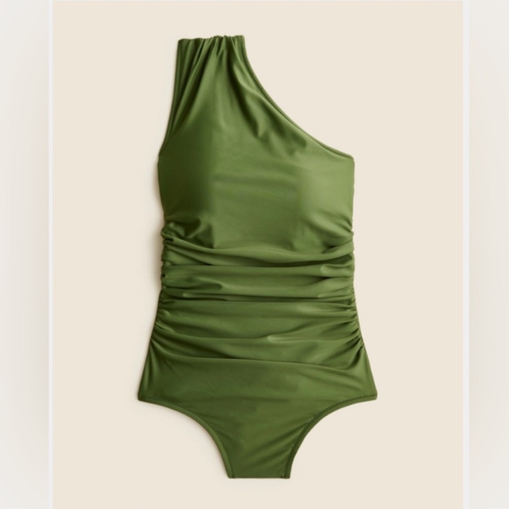 NWT J. Crew Safari Green Ruched One Shoulder Swimsuit Size 12